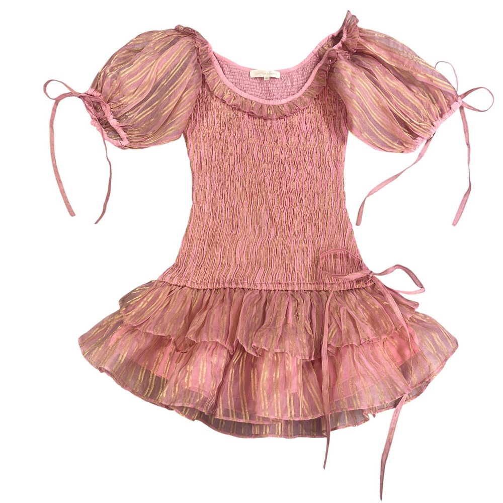 LoveShackFancy Silk Smocked Metallic Mini Dress Womens XS Pink Gold $495 RARE